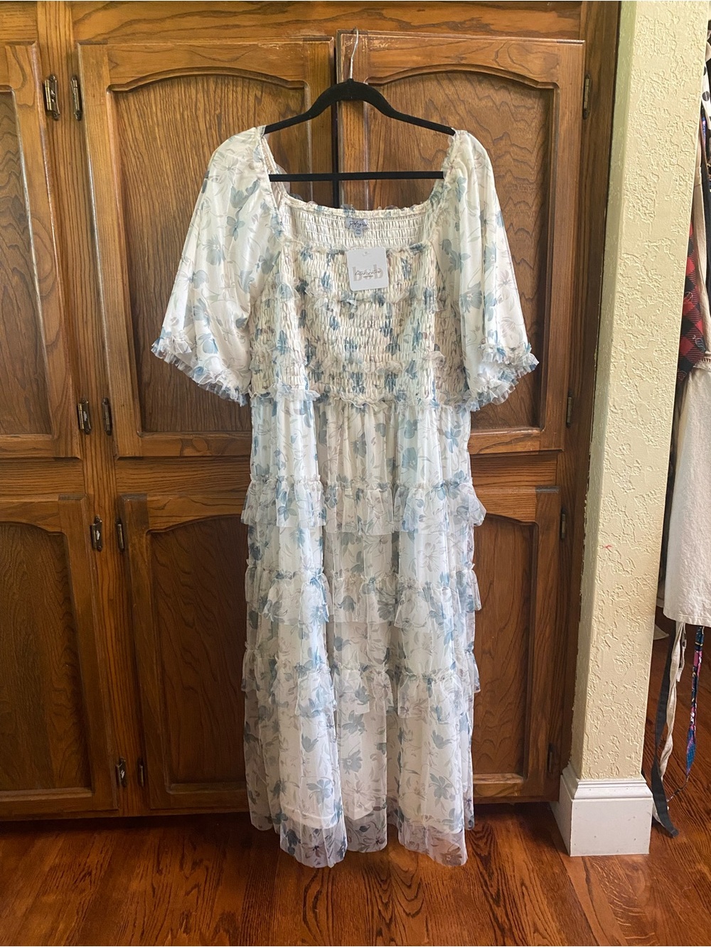Polagram White and Light Blue Floral Tiered Maxi Dress